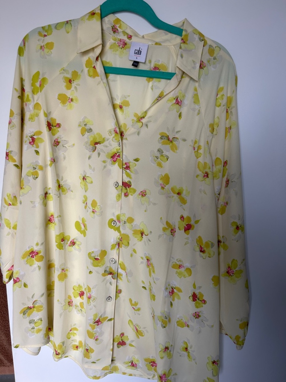 CAbi Yellow Cream Floral Button-Down Blouse